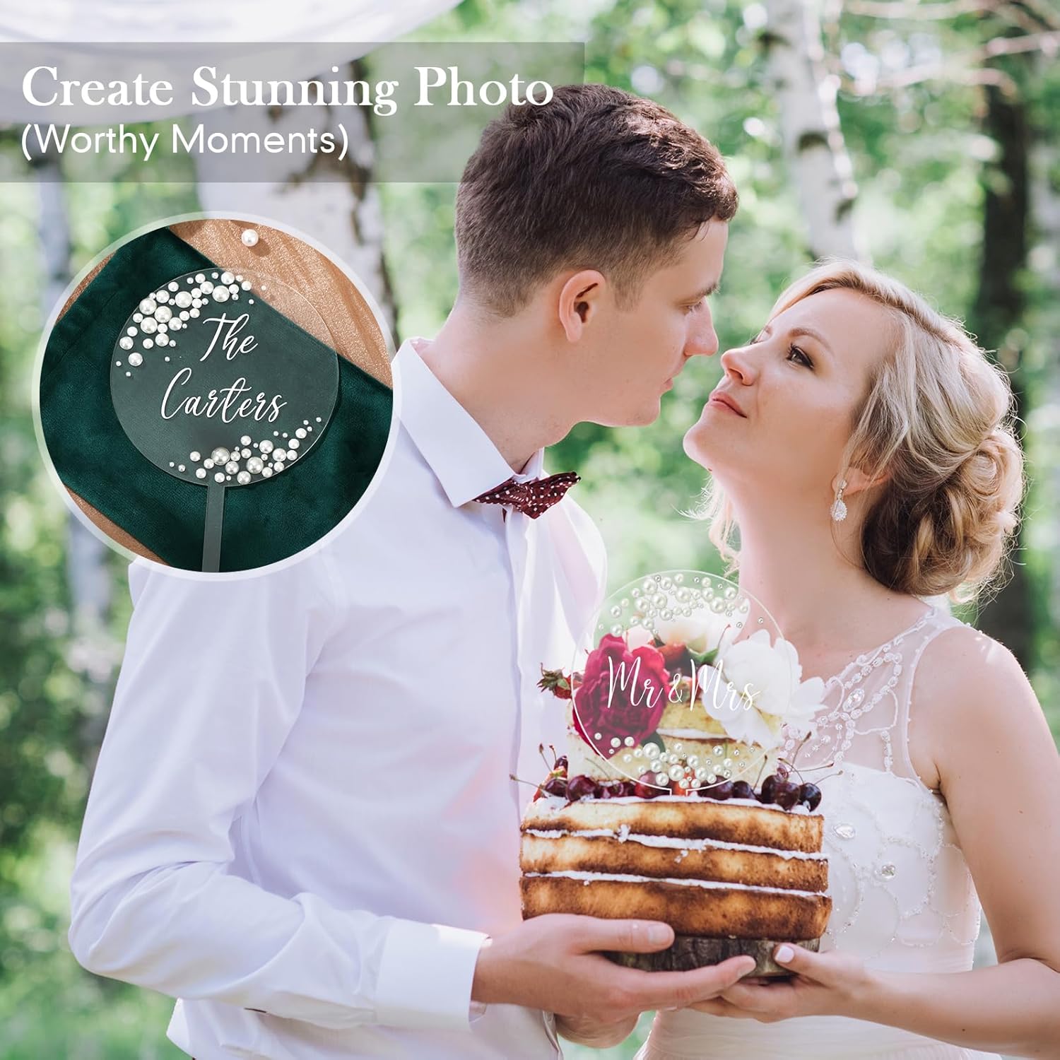 Geelin Wedding Cake Toppers DIY Acrylic Round Cake Topper with Pearl and Diamond Stickers Letter Transfer Sticker and Drawstring Bag Bride and Groom Party Decor for Engagement Anniversary Birthday